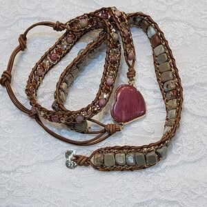 Boho-Chic Pink Heart Stone Wrap Bracelet with Natural Gemstones